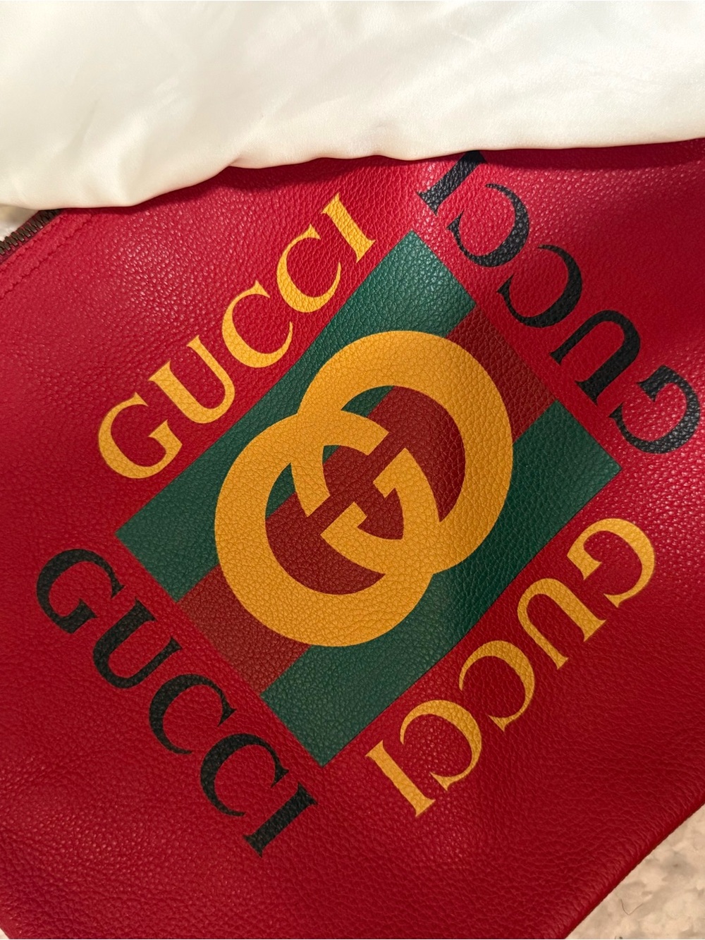 Gucci Red Leather Clutch with Green-Stripe and Yellow Logo